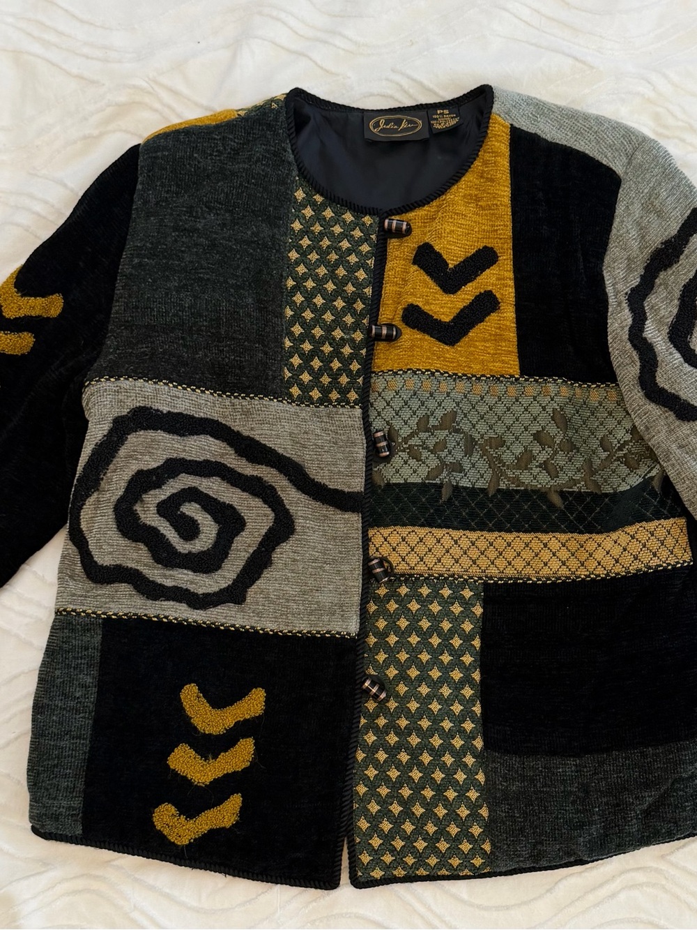 Jacket Julia Kim Vintage-Inspired Patchwork Jacket in Black, Gray & Mustard